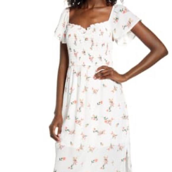 Row A Floral Smocked Bodice Midi Dress casual Large Summer side slit butterfly - Picture 1 of 9
